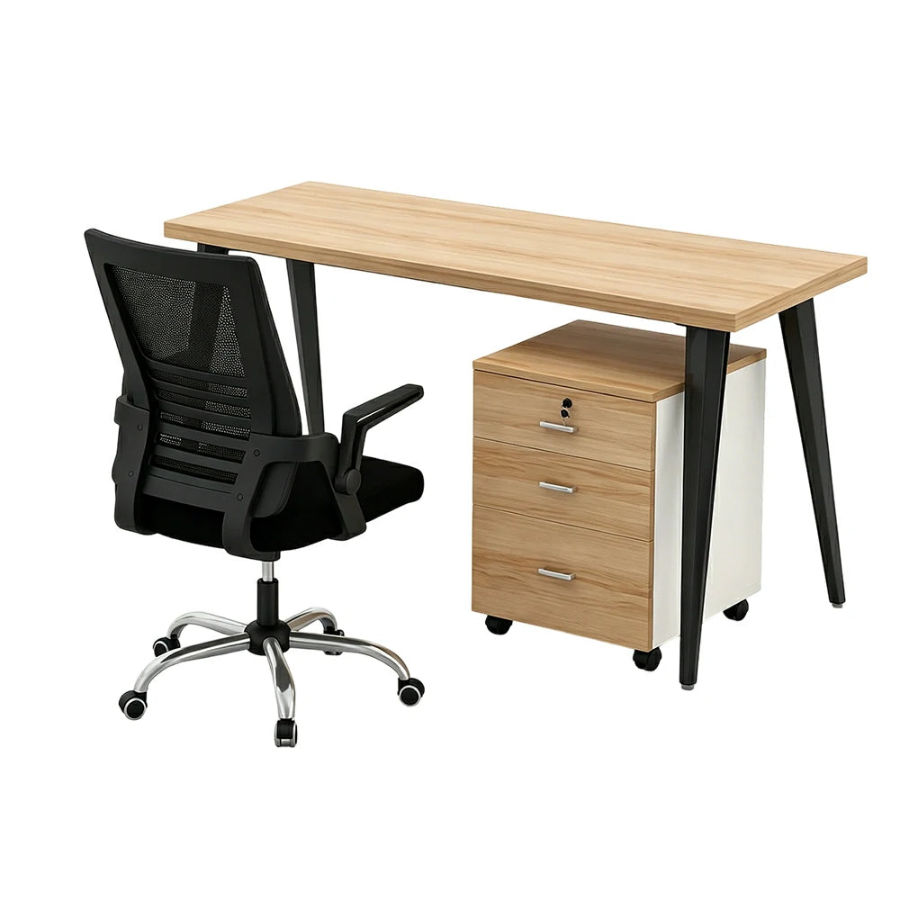 LIVARA Office Desk Set 120cm Single Workstation with Chair & Mobile Cabinet, E1 Board & Steel Frame - Wood Grain & Black