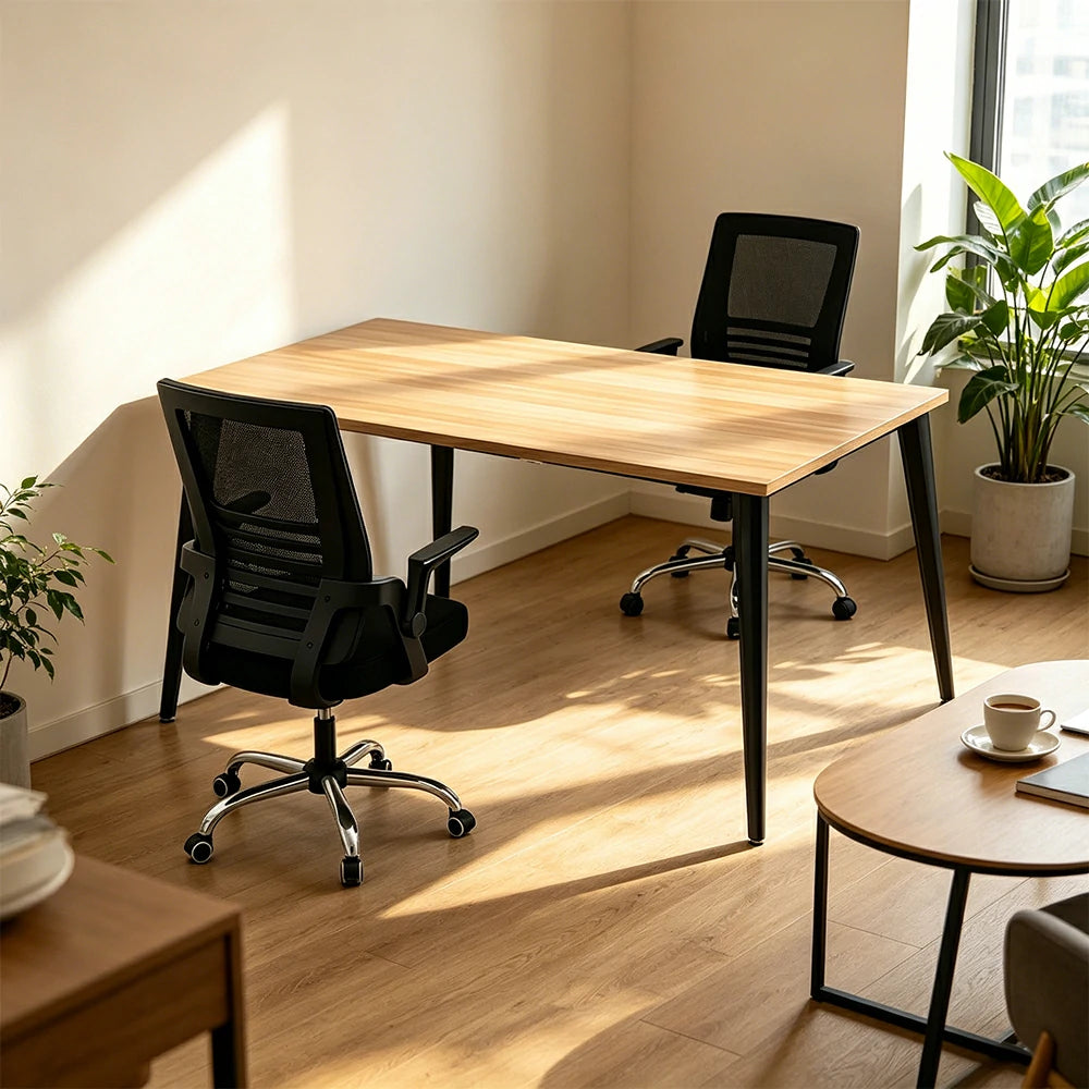 LIVARA Office Desk Set 120cm 2-Person Workstation with 2 Chairs, Cable Management, E1 Board & Steel Frame - Wood Grain & Black