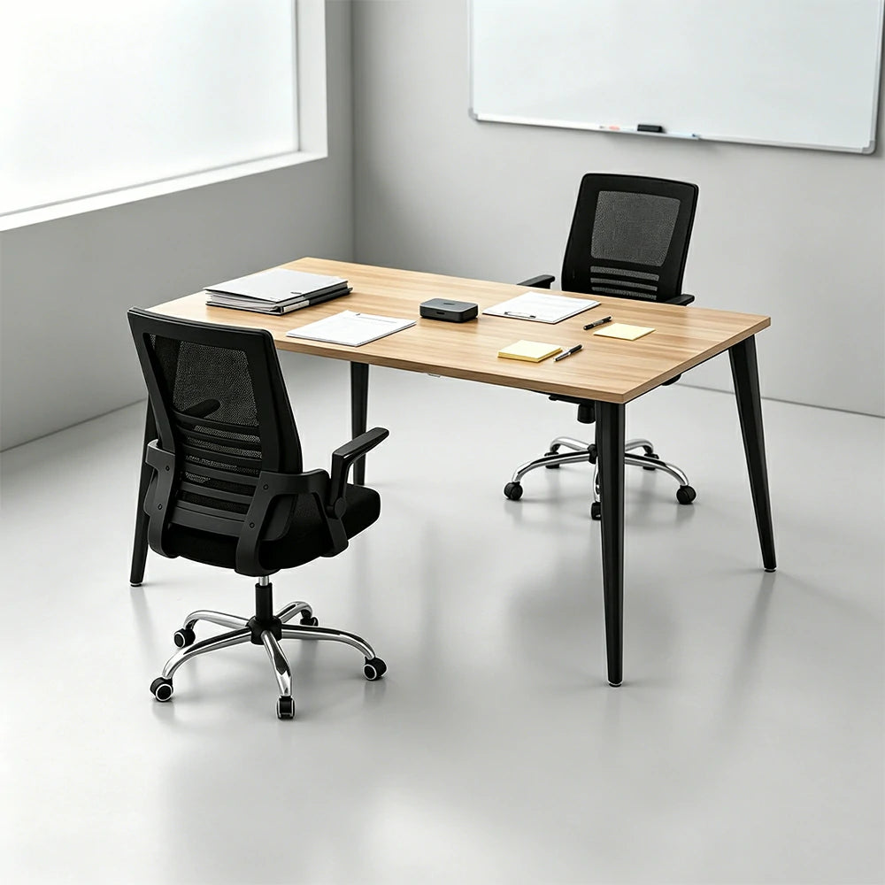 LIVARA Office Desk Set 120cm 2-Person Workstation with 2 Chairs, Cable Management, E1 Board & Steel Frame - Wood Grain & Black