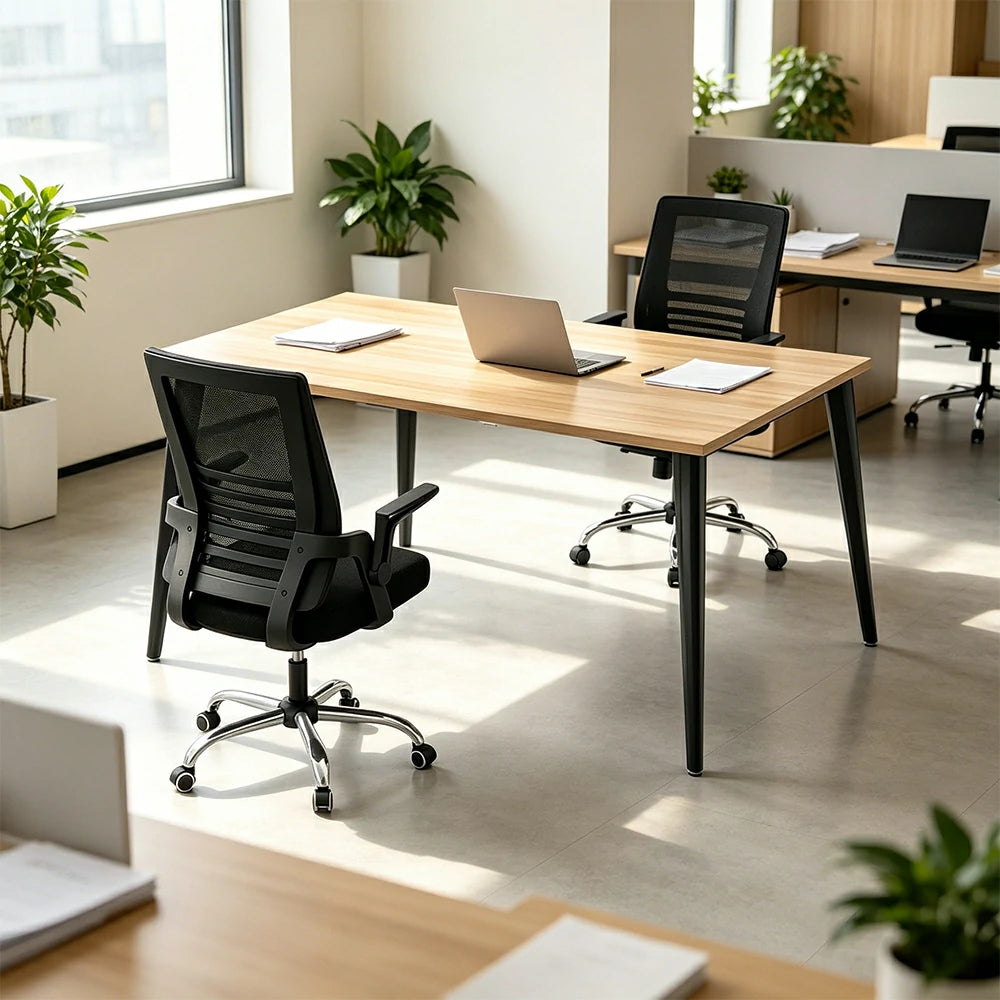 LIVARA Office Desk Set 120cm 2-Person Workstation with 2 Chairs, Cable Management, E1 Board & Steel Frame - Wood Grain & Black