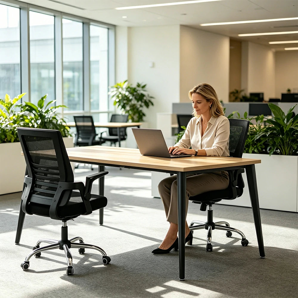 LIVARA Office Desk Set 120cm 2-Person Workstation with 2 Chairs, Cable Management, E1 Board & Steel Frame - Wood Grain & Black