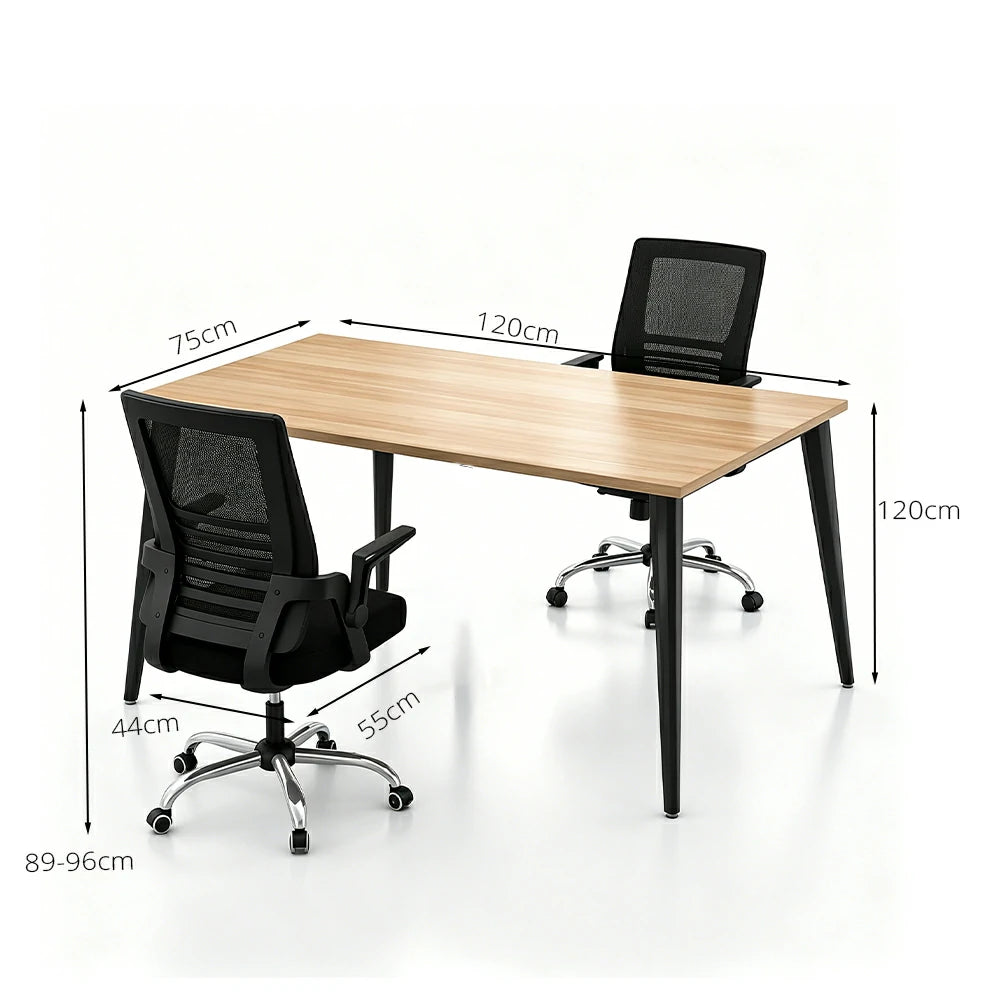 LIVARA Office Desk Set 120cm 2-Person Workstation with 2 Chairs, Cable Management, E1 Board & Steel Frame - Wood Grain & Black