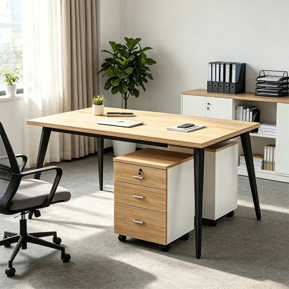 LIVARA Office Desk Set 120cm 2-Person Workstation with 2 Mobile Cabinets, E1 Board & Steel Frame - Wood Grain & Black