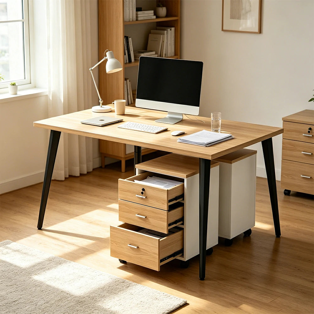 LIVARA Office Desk Set 120cm 2-Person Workstation with 2 Mobile Cabinets, E1 Board & Steel Frame - Wood Grain & Black