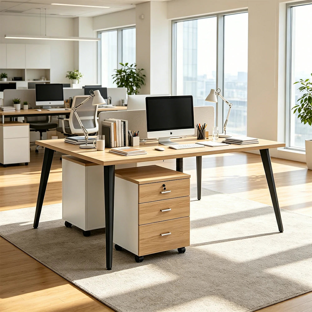 LIVARA Office Desk Set 120cm 2-Person Workstation with 2 Mobile Cabinets, E1 Board & Steel Frame - Wood Grain & Black
