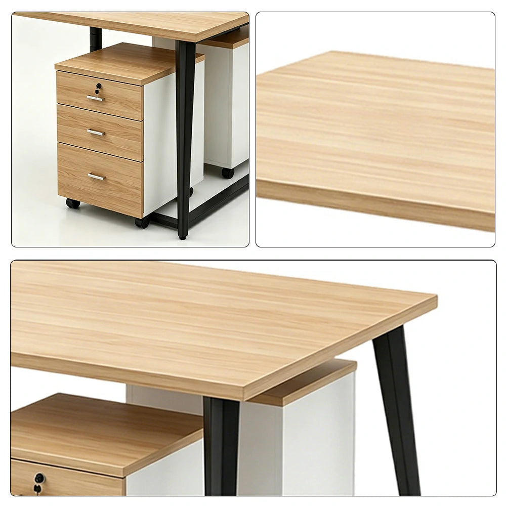 LIVARA Office Desk Set 120cm 2-Person Workstation with 2 Mobile Cabinets, E1 Board & Steel Frame - Wood Grain & Black