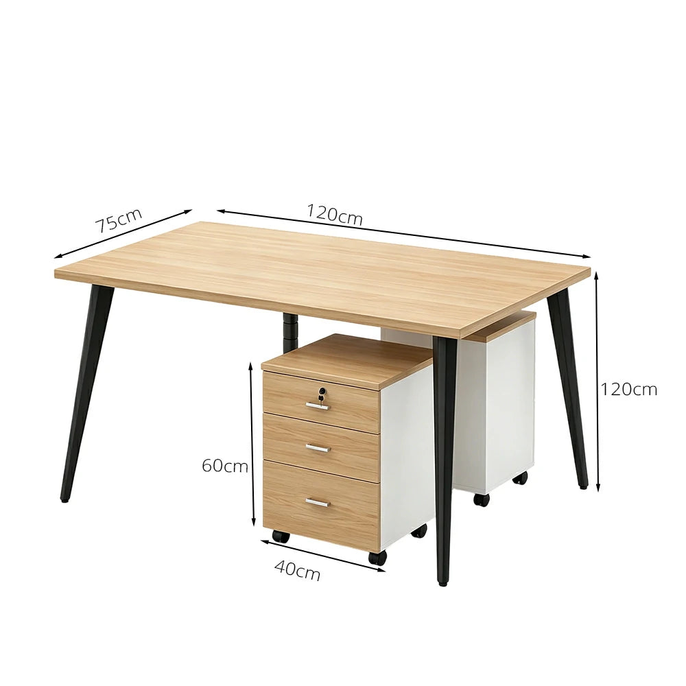 LIVARA Office Desk Set 120cm 2-Person Workstation with 2 Mobile Cabinets, E1 Board & Steel Frame - Wood Grain & Black