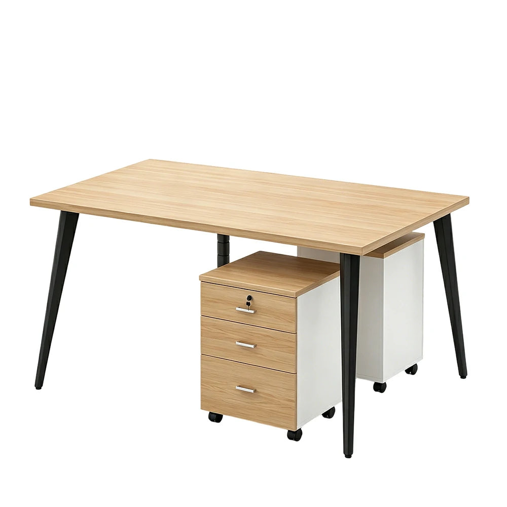 LIVARA Office Desk Set 120cm 2-Person Workstation with 2 Mobile Cabinets, E1 Board & Steel Frame - Wood Grain & Black