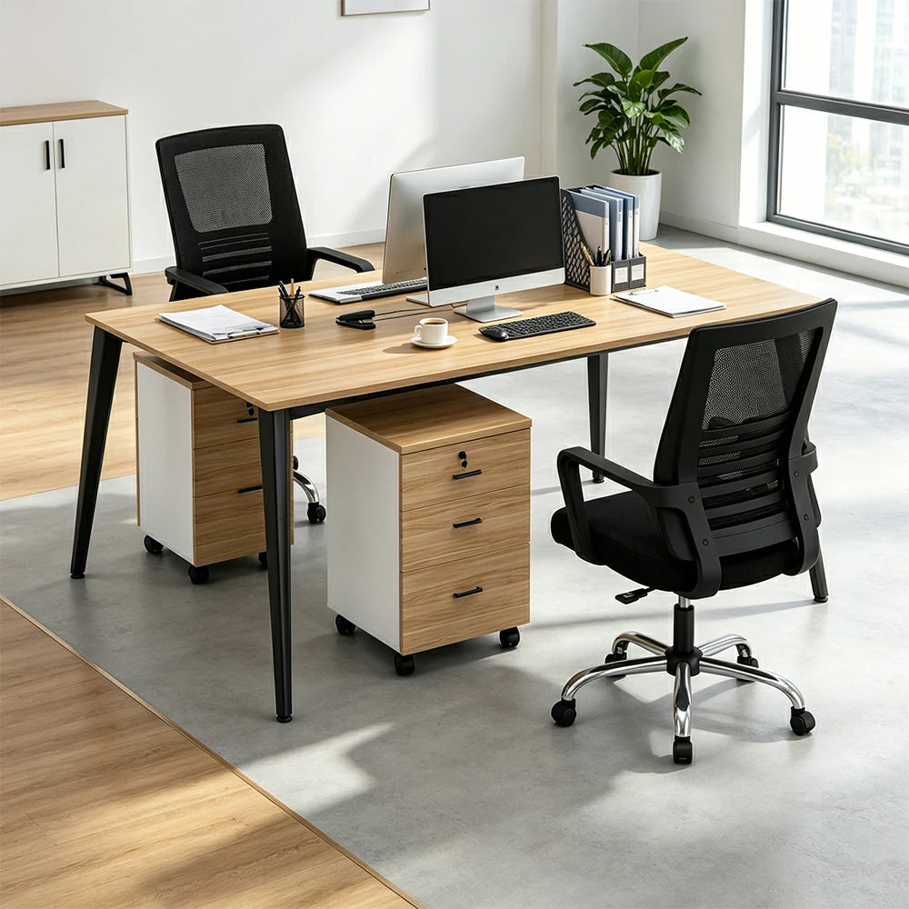 LIVARA Office Desk Set 120cm 2-Person Workstation with 2 Chairs & 2 Mobile Cabinets, E1 Board & Steel Frame - Wood Grain & Black