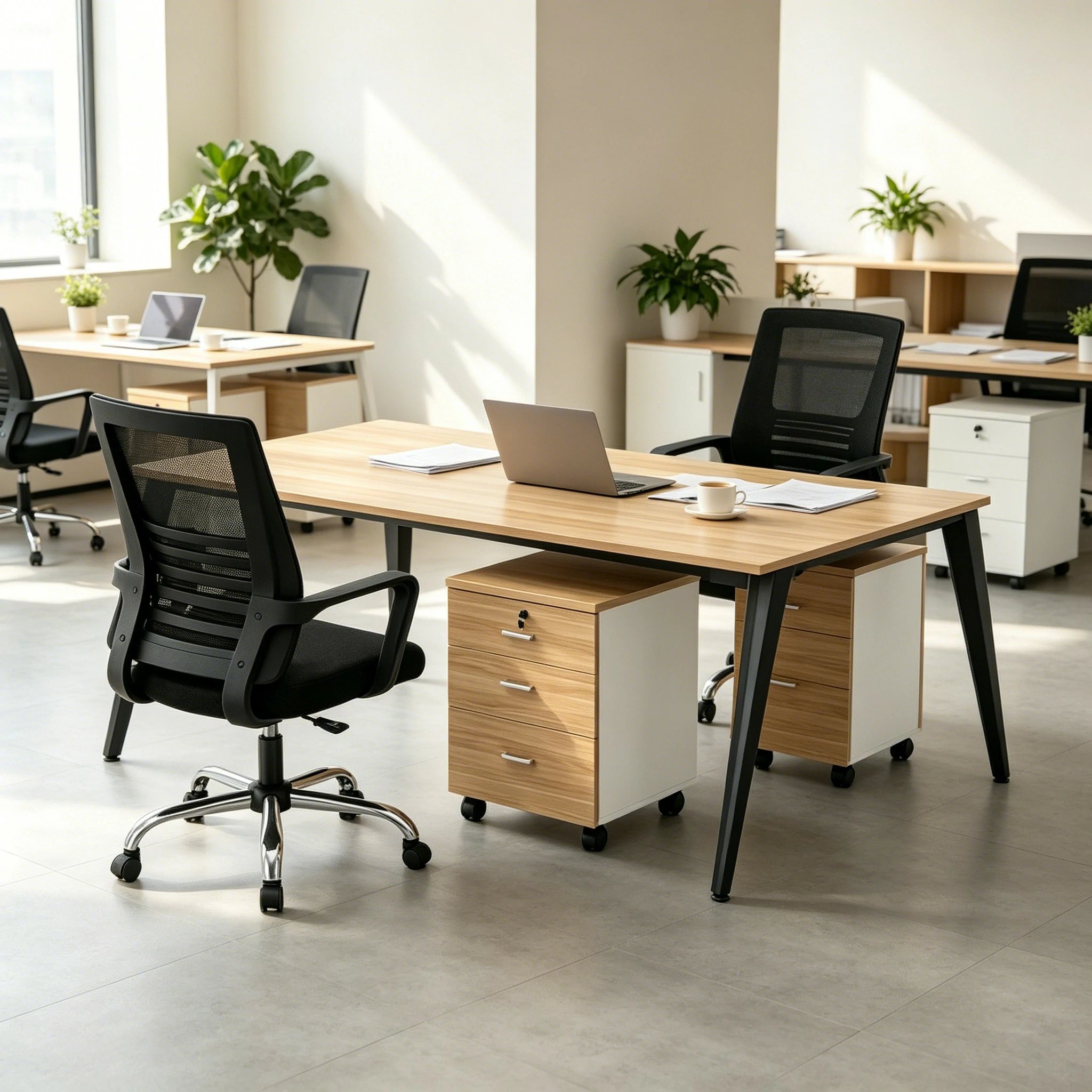 LIVARA Office Desk Set 120cm 2-Person Workstation with 2 Chairs & 2 Mobile Cabinets, E1 Board & Steel Frame - Wood Grain & Black