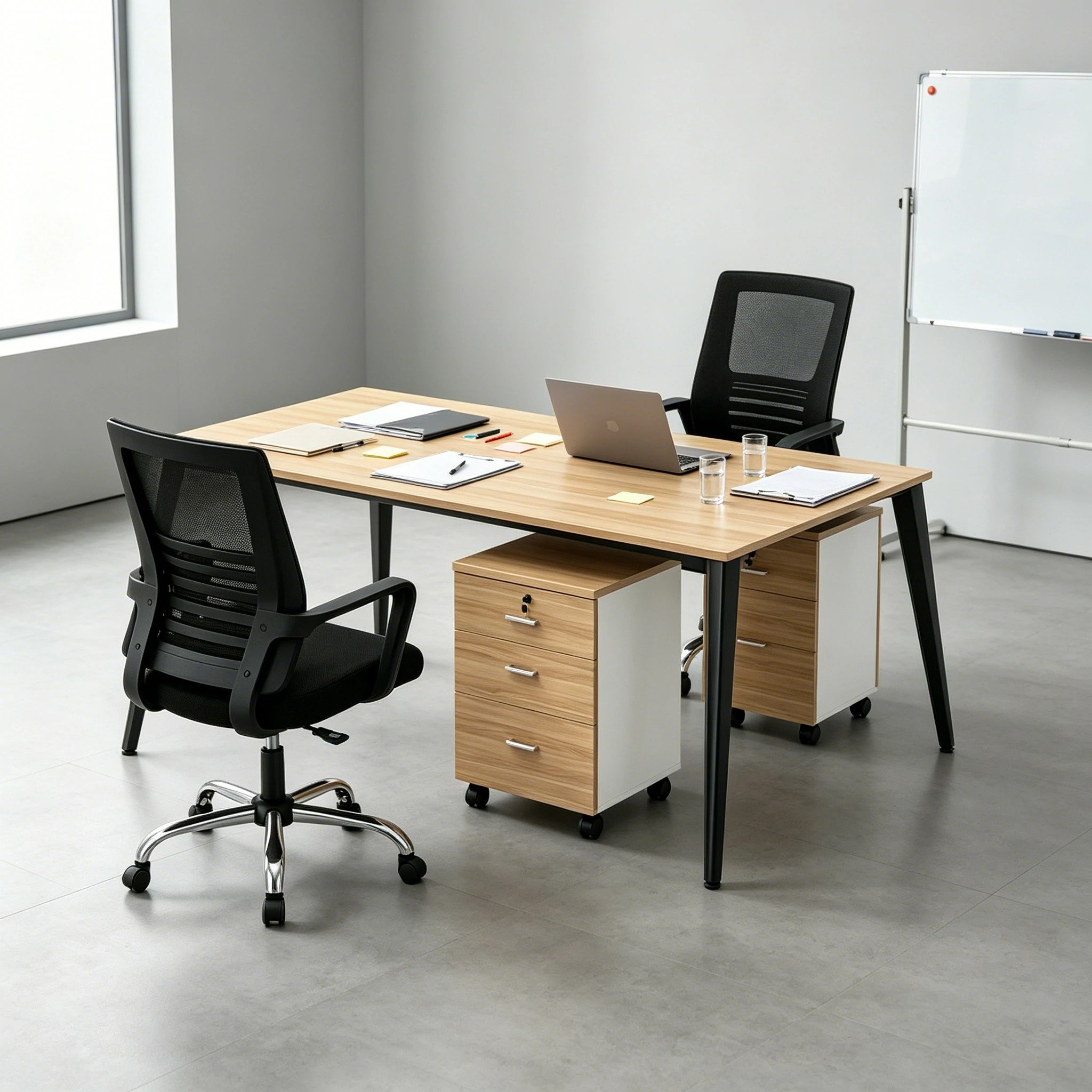 LIVARA Office Desk Set 120cm 2-Person Workstation with 2 Chairs & 2 Mobile Cabinets, E1 Board & Steel Frame - Wood Grain & Black