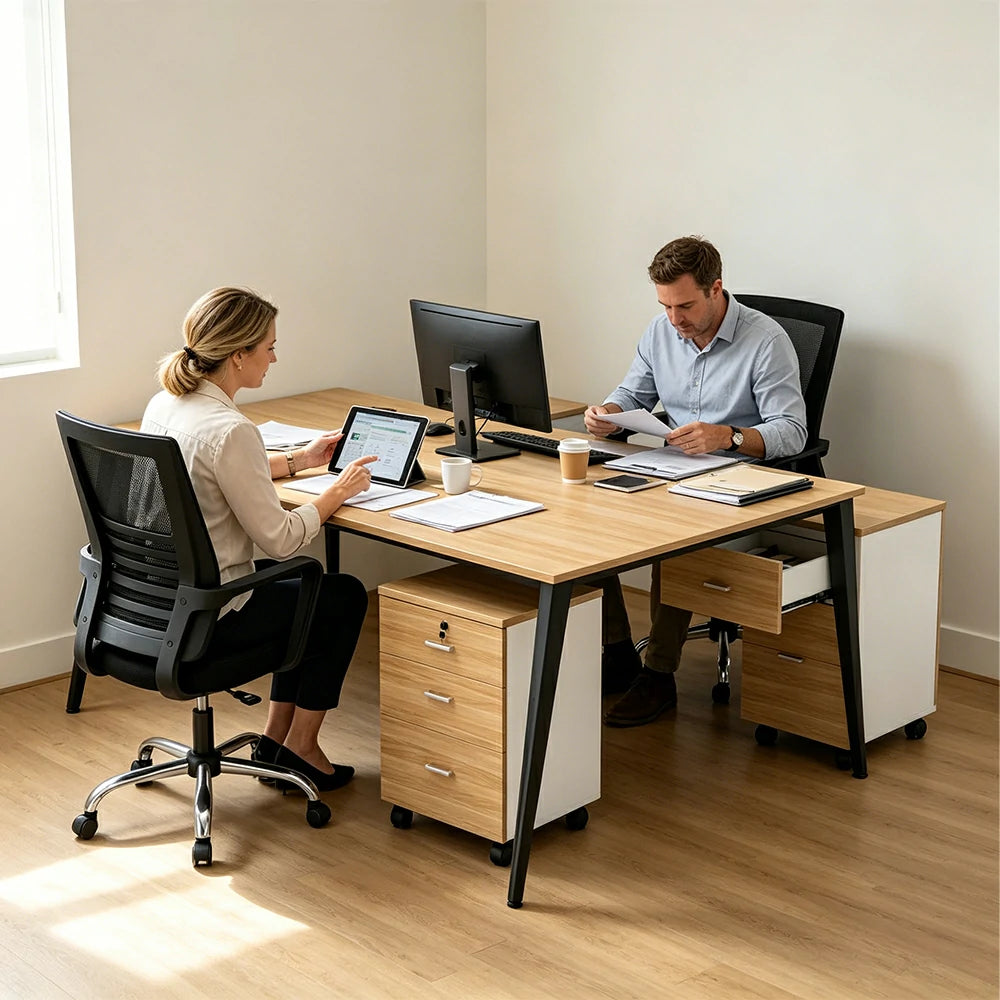 LIVARA Office Desk Set 120cm 2-Person Workstation with 2 Chairs & 2 Mobile Cabinets, E1 Board & Steel Frame - Wood Grain & Black