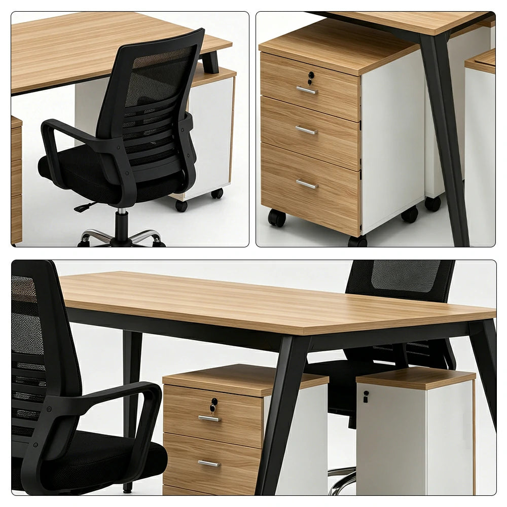 LIVARA Office Desk Set 120cm 2-Person Workstation with 2 Chairs & 2 Mobile Cabinets, E1 Board & Steel Frame - Wood Grain & Black
