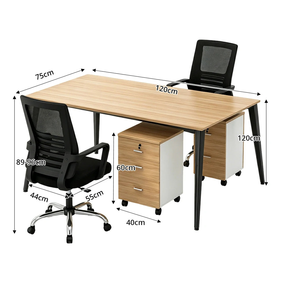 LIVARA Office Desk Set 120cm 2-Person Workstation with 2 Chairs & 2 Mobile Cabinets, E1 Board & Steel Frame - Wood Grain & Black