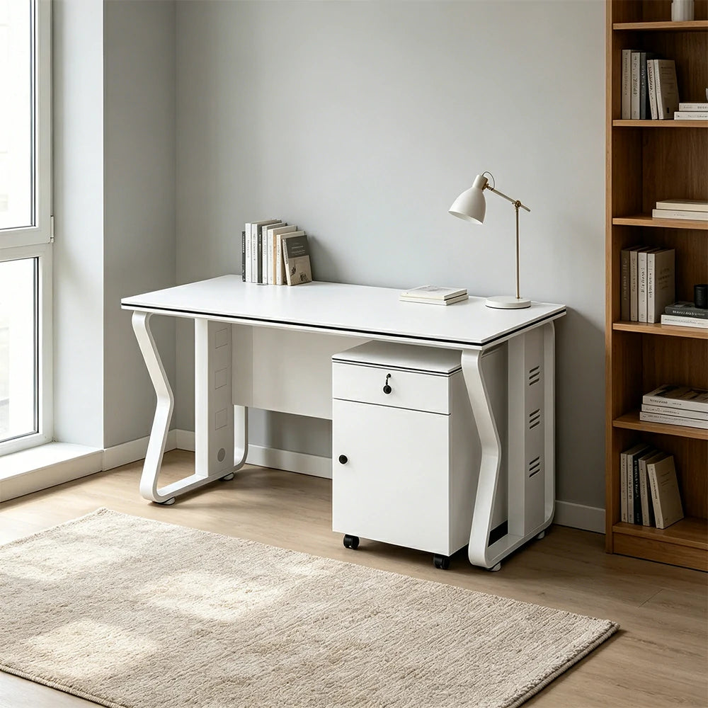 LIVARA Office Desk Set 120cm Single Workstation with Mobile Cabinet, Hidden Cable Management & Steel Frame - White