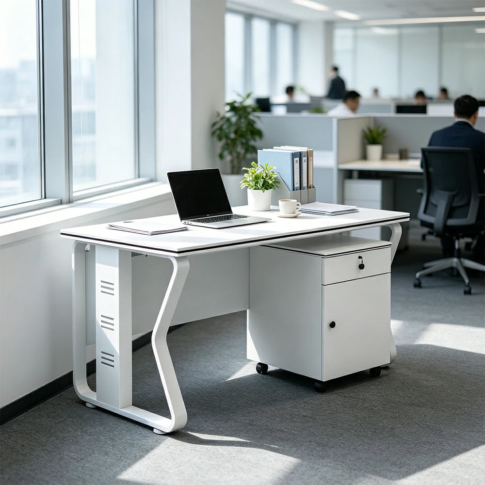 LIVARA Office Desk Set 120cm Single Workstation with Mobile Cabinet, Hidden Cable Management & Steel Frame - White