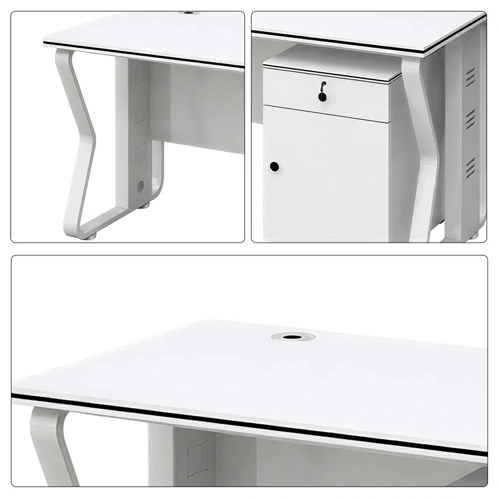 LIVARA Office Desk Set 120cm Single Workstation with Mobile Cabinet, Hidden Cable Management & Steel Frame - White