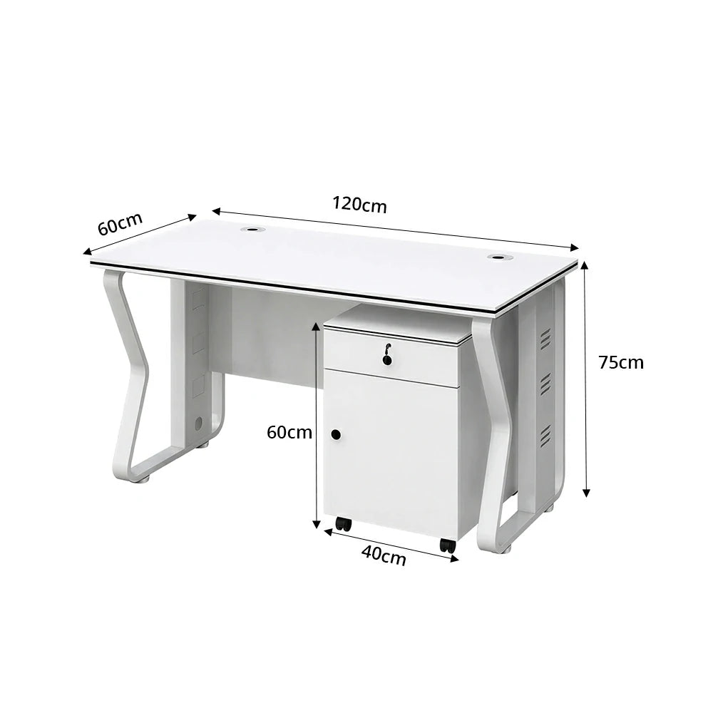 LIVARA Office Desk Set 120cm Single Workstation with Mobile Cabinet, Hidden Cable Management & Steel Frame - White