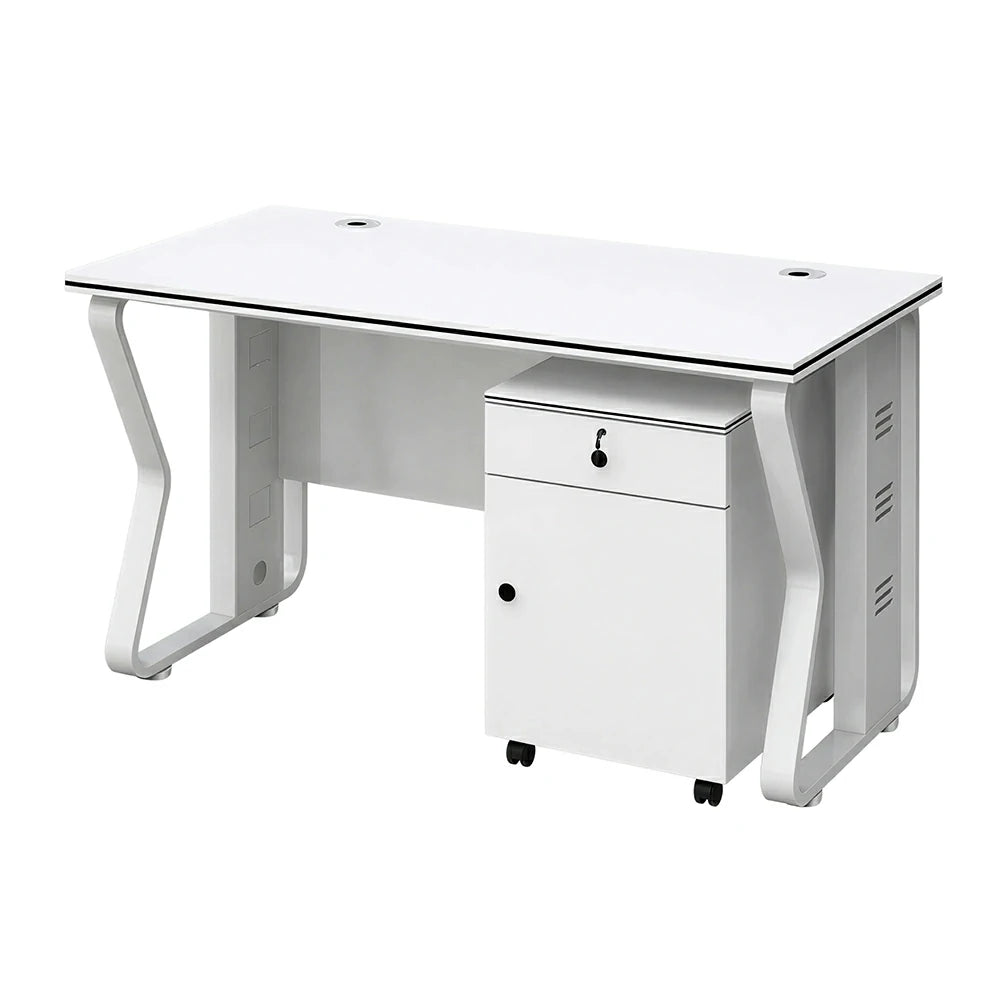 LIVARA Office Desk Set 120cm Single Workstation with Mobile Cabinet, Hidden Cable Management & Steel Frame - White