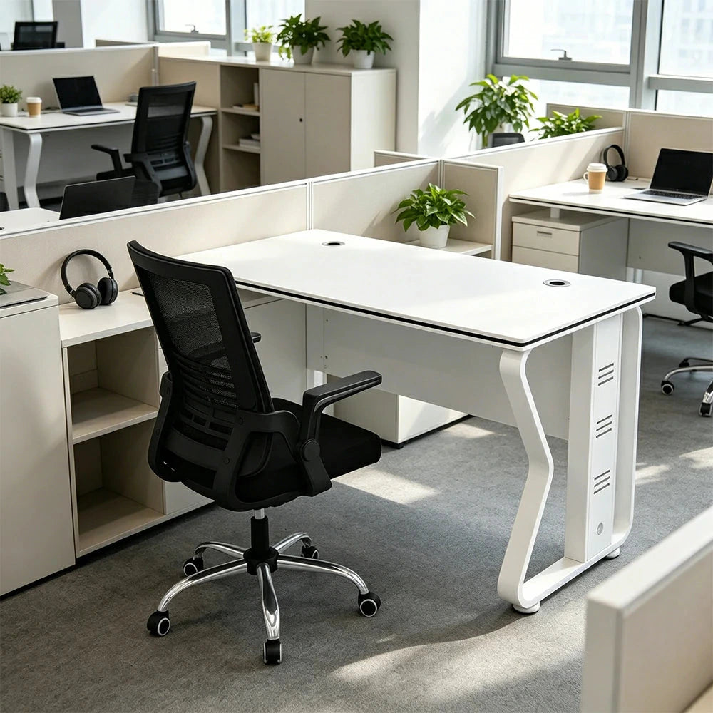 LIVARA Office Desk Set 120cm Single Workstation with Swivel Chair, Hidden Cable Management & Steel Frame - White