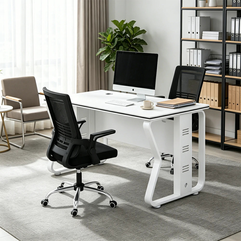 LIVARA Office Desk Set 120cm Single Workstation with Swivel Chair, Hidden Cable Management & Steel Frame - White