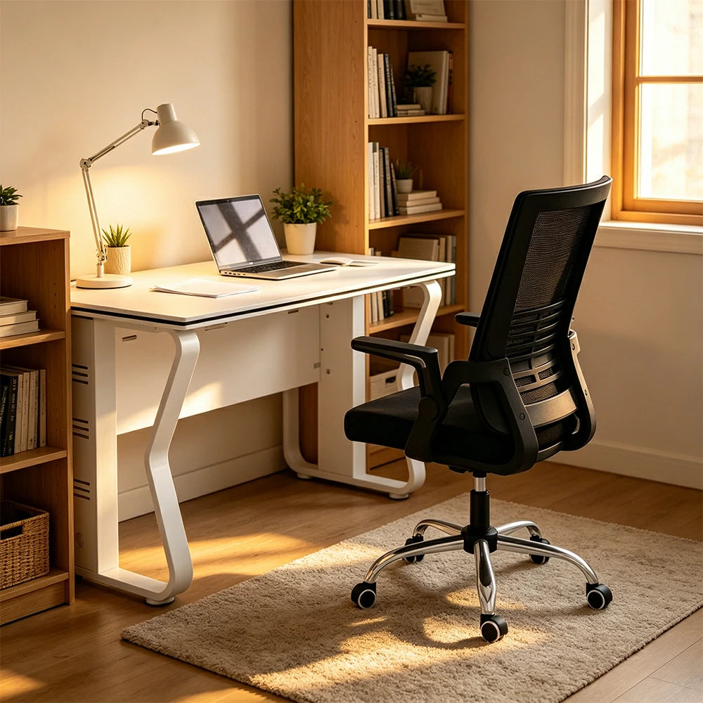 LIVARA Office Desk Set 120cm Single Workstation with Swivel Chair, Hidden Cable Management & Steel Frame - White