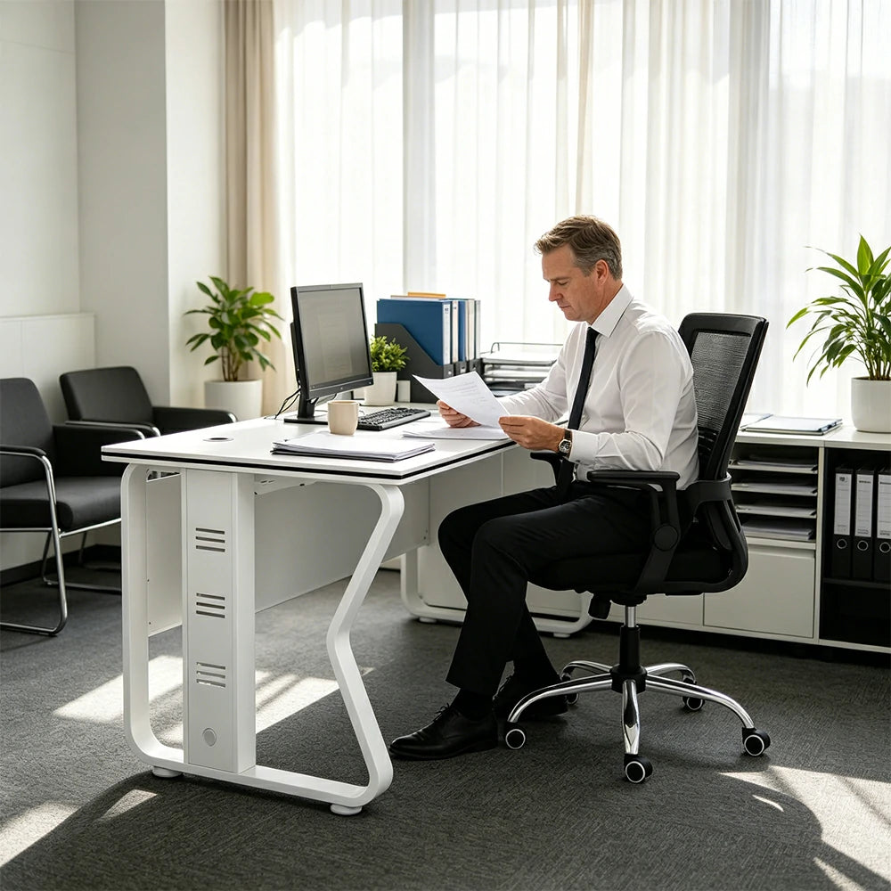 LIVARA Office Desk Set 120cm Single Workstation with Swivel Chair, Hidden Cable Management & Steel Frame - White