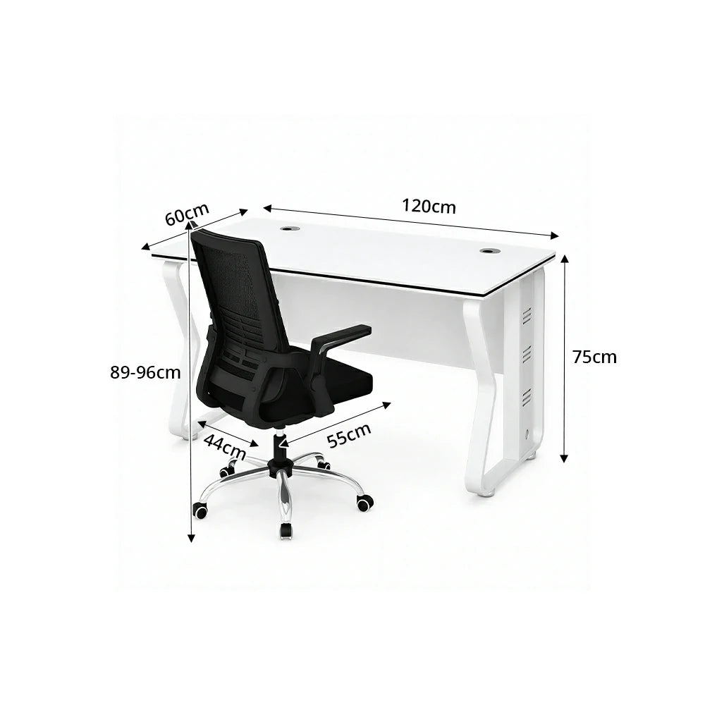 LIVARA Office Desk Set 120cm Single Workstation with Swivel Chair, Hidden Cable Management & Steel Frame - White