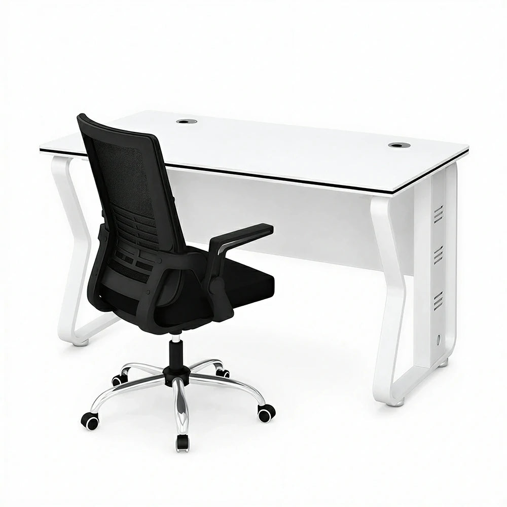 LIVARA Office Desk Set 120cm Single Workstation with Swivel Chair, Hidden Cable Management & Steel Frame - White