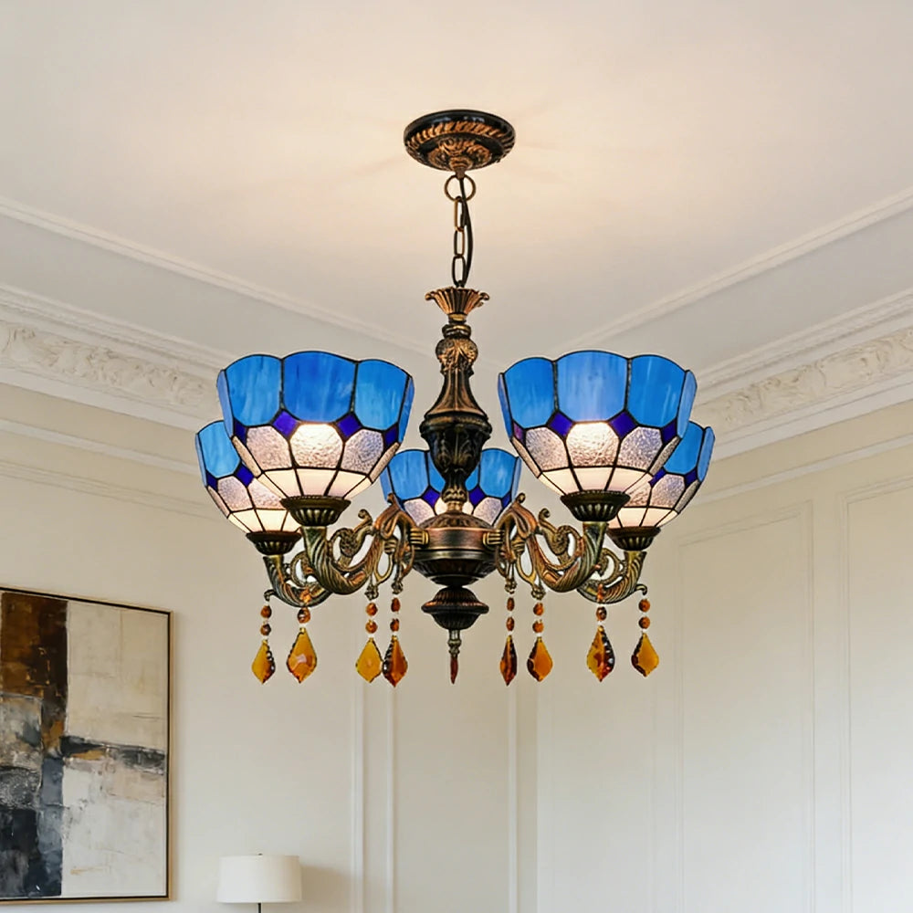 LIVARA 5-Light Stained Glass Chandelier Vintage Pendant Light Adjustable Chain 63x80cm for Dining Living Room - Lake Blue