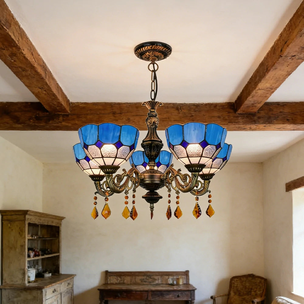 LIVARA 5-Light Stained Glass Chandelier Vintage Pendant Light Adjustable Chain 63x80cm for Dining Living Room - Lake Blue