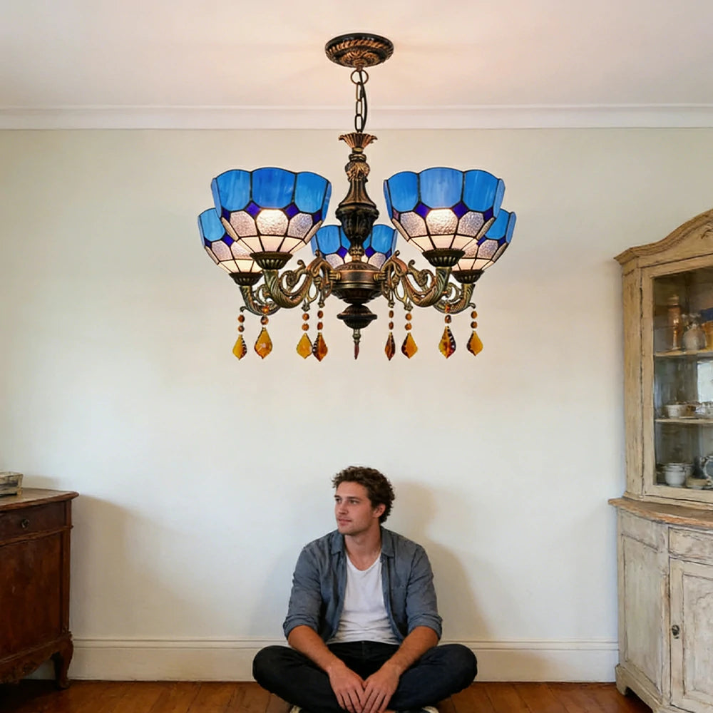 LIVARA 5-Light Stained Glass Chandelier Vintage Pendant Light Adjustable Chain 63x80cm for Dining Living Room - Lake Blue
