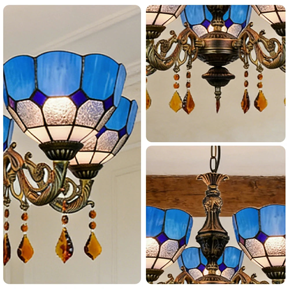LIVARA 5-Light Stained Glass Chandelier Vintage Pendant Light Adjustable Chain 63x80cm for Dining Living Room - Lake Blue