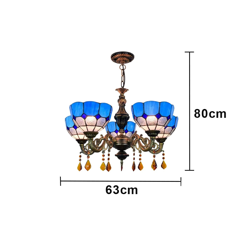 LIVARA 5-Light Stained Glass Chandelier Vintage Pendant Light Adjustable Chain 63x80cm for Dining Living Room - Lake Blue