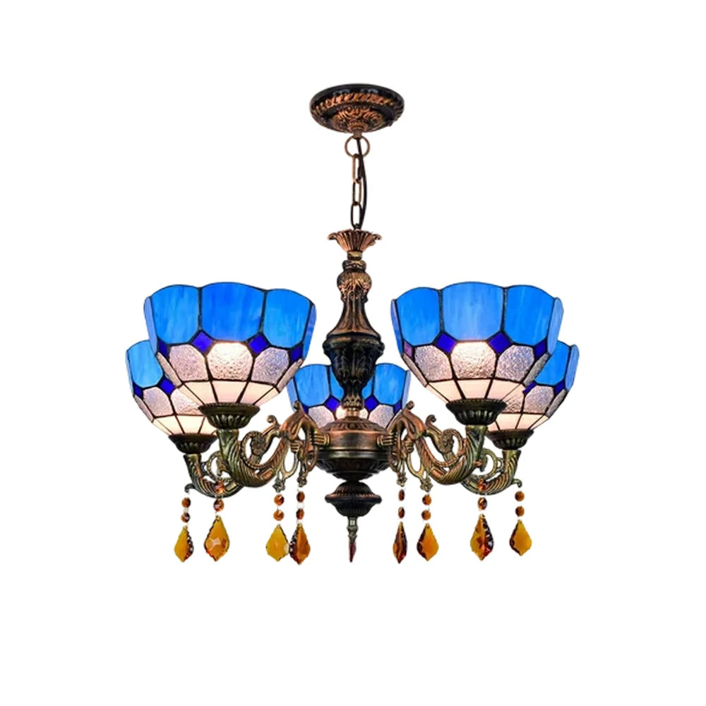LIVARA 5-Light Stained Glass Chandelier Vintage Pendant Light Adjustable Chain 63x80cm for Dining Living Room - Lake Blue