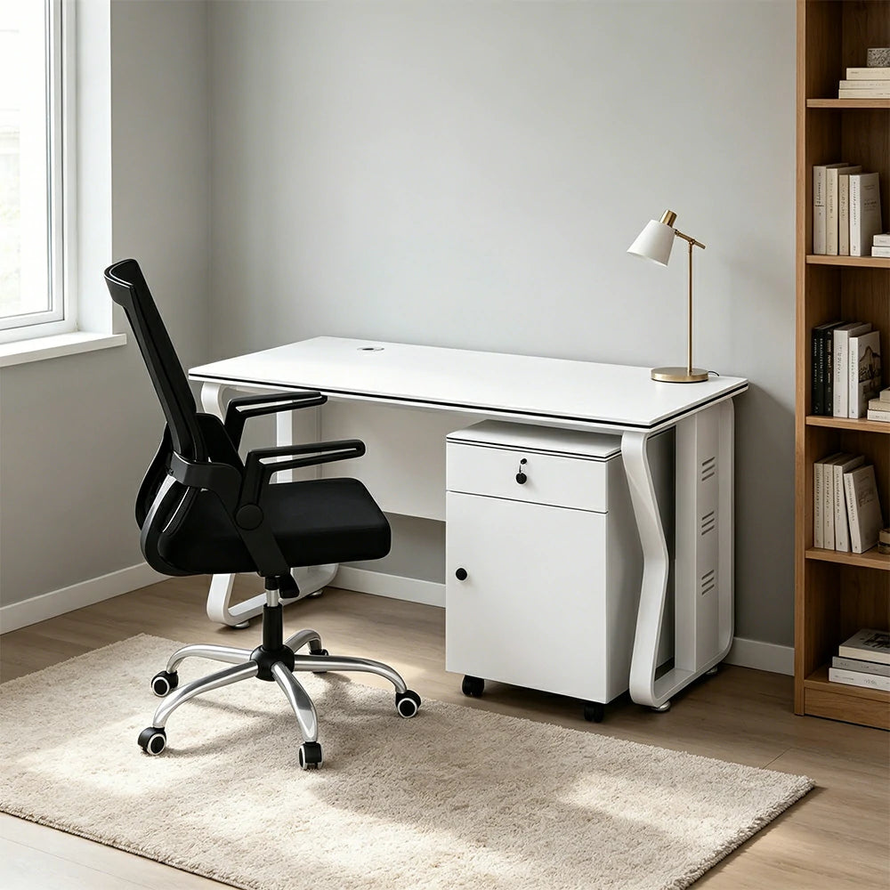LIVARA Office Desk Set 120cm Single Workstation with Mobile Cabinet & Swivel Chair, Hidden Cable Management - White