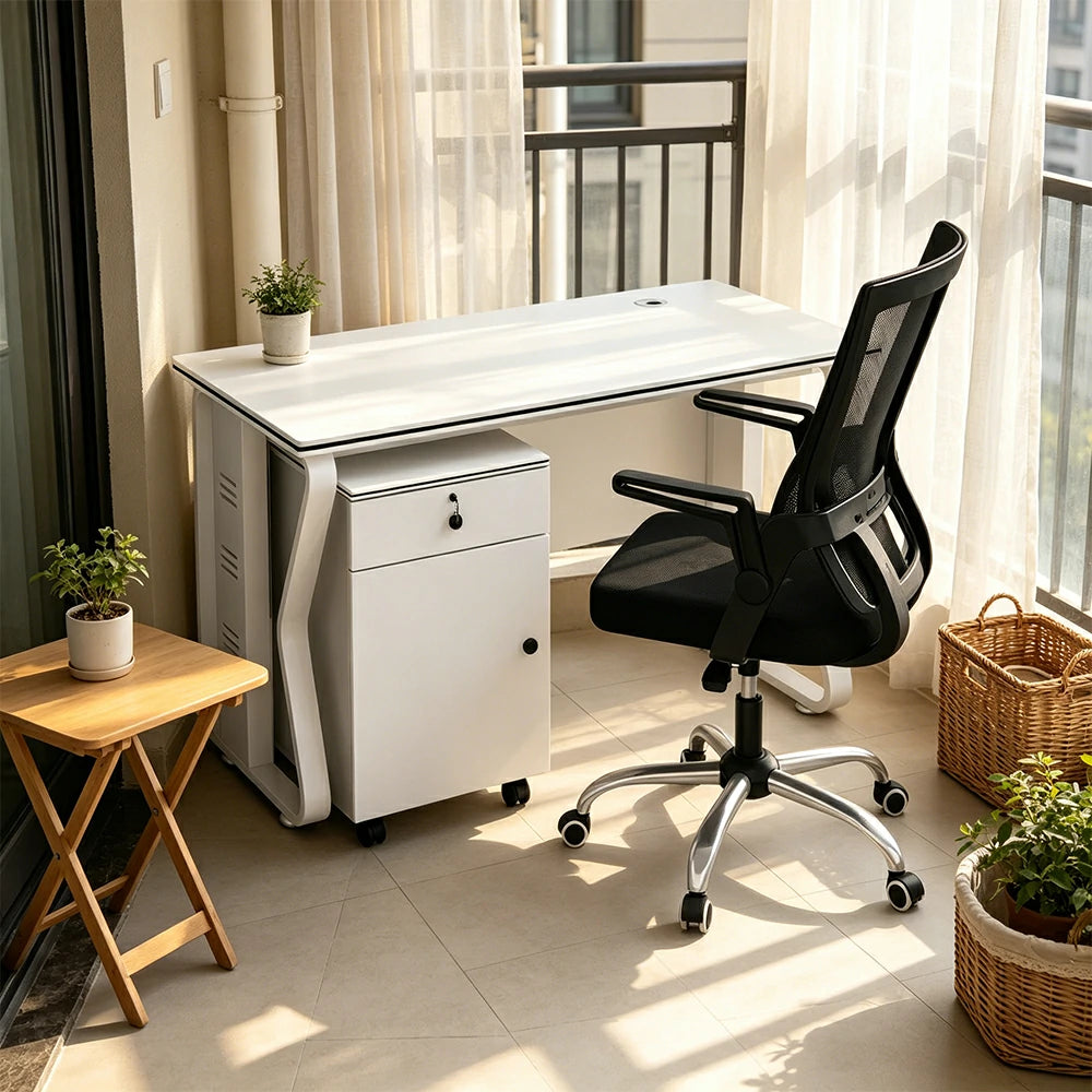 LIVARA Office Desk Set 120cm Single Workstation with Mobile Cabinet & Swivel Chair, Hidden Cable Management - White