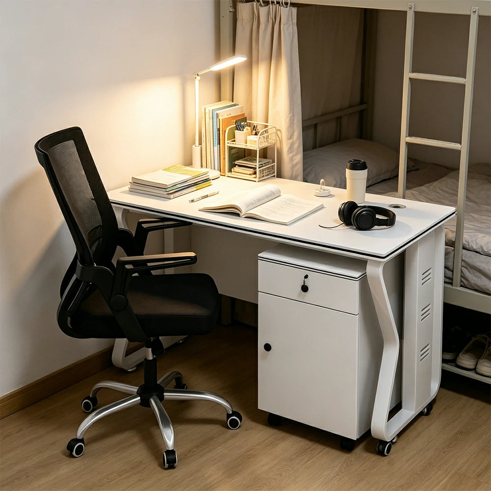 LIVARA Office Desk Set 120cm Single Workstation with Mobile Cabinet & Swivel Chair, Hidden Cable Management - White