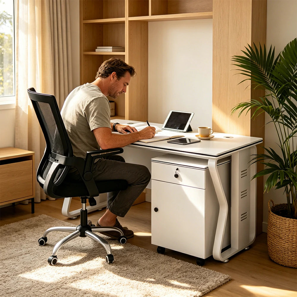 LIVARA Office Desk Set 120cm Single Workstation with Mobile Cabinet & Swivel Chair, Hidden Cable Management - White