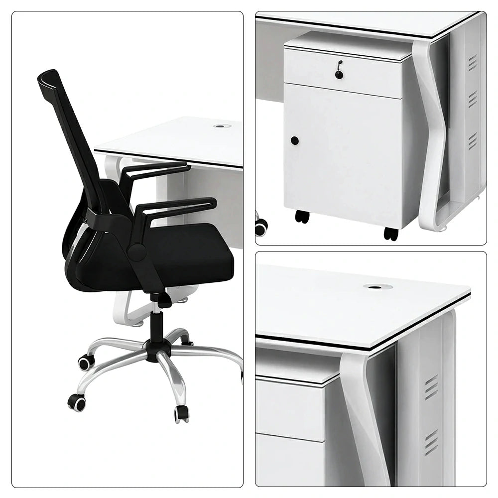 LIVARA Office Desk Set 120cm Single Workstation with Mobile Cabinet & Swivel Chair, Hidden Cable Management - White