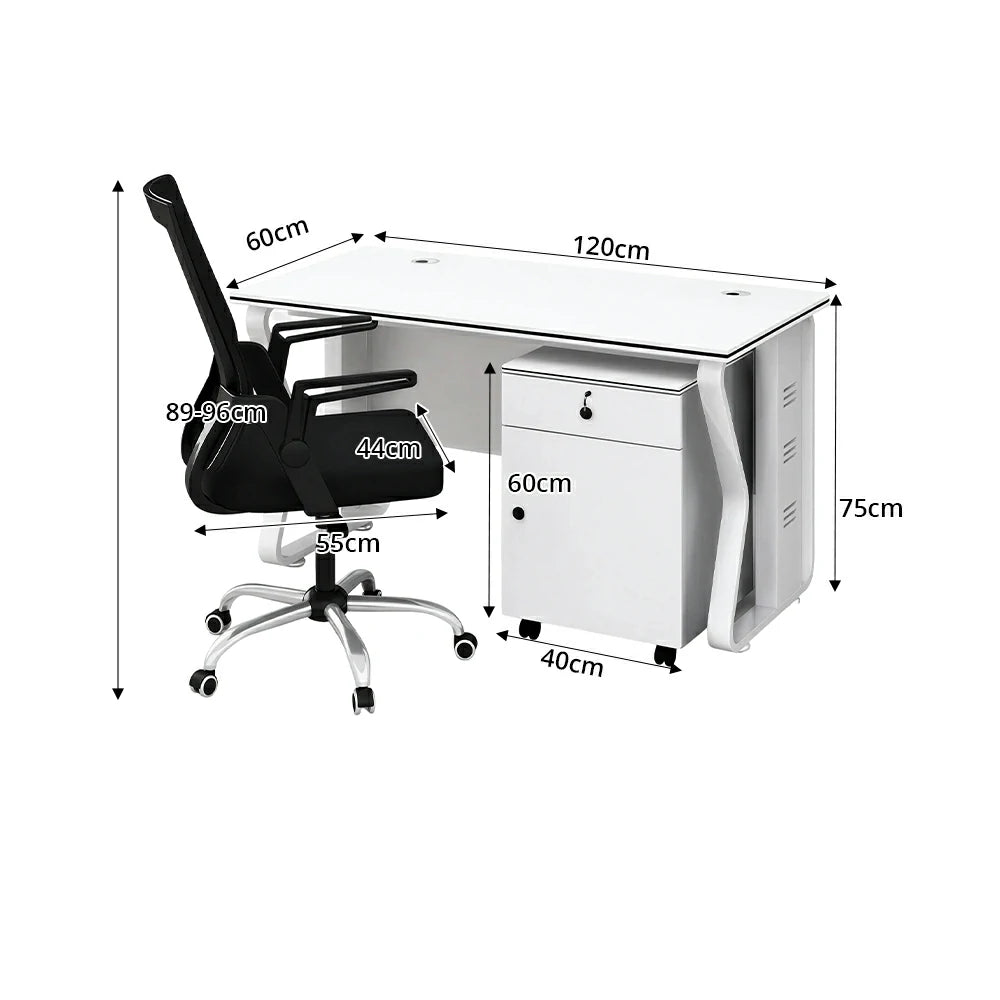 LIVARA Office Desk Set 120cm Single Workstation with Mobile Cabinet & Swivel Chair, Hidden Cable Management - White