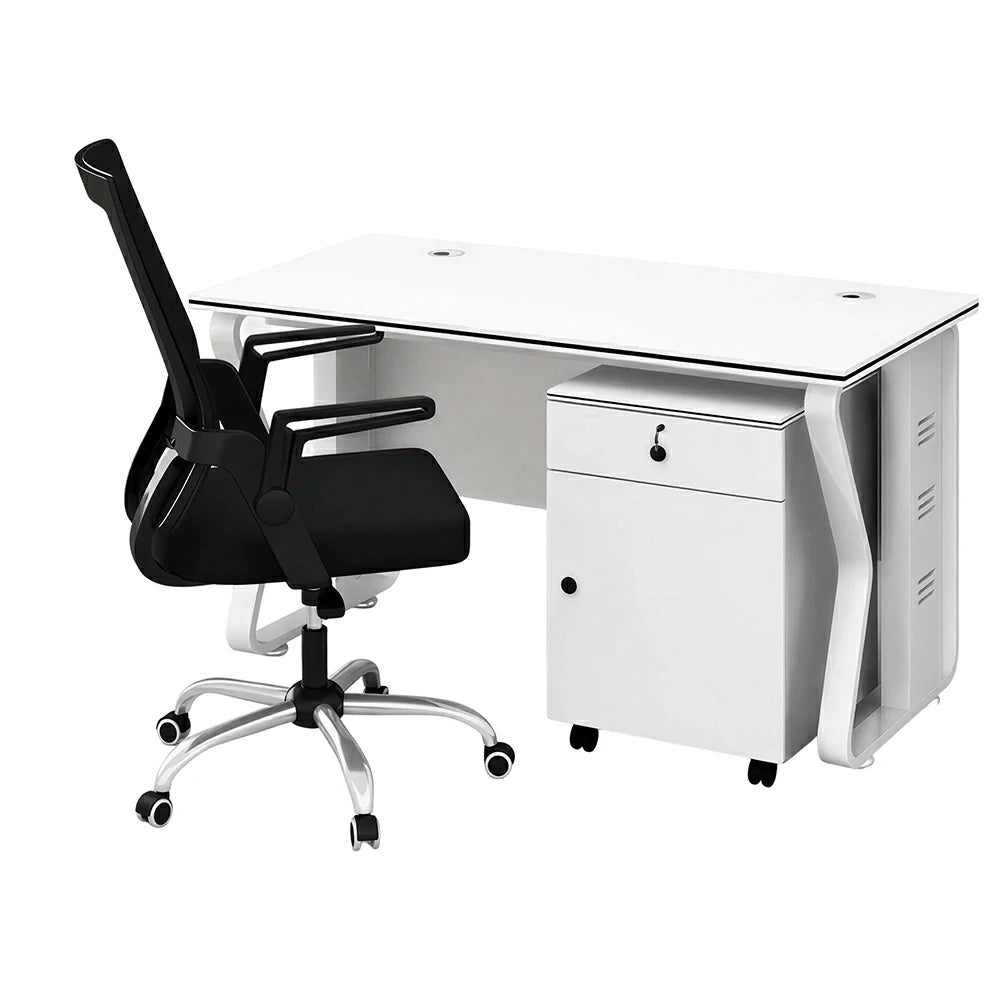 LIVARA Office Desk Set 120cm Single Workstation with Mobile Cabinet & Swivel Chair, Hidden Cable Management - White