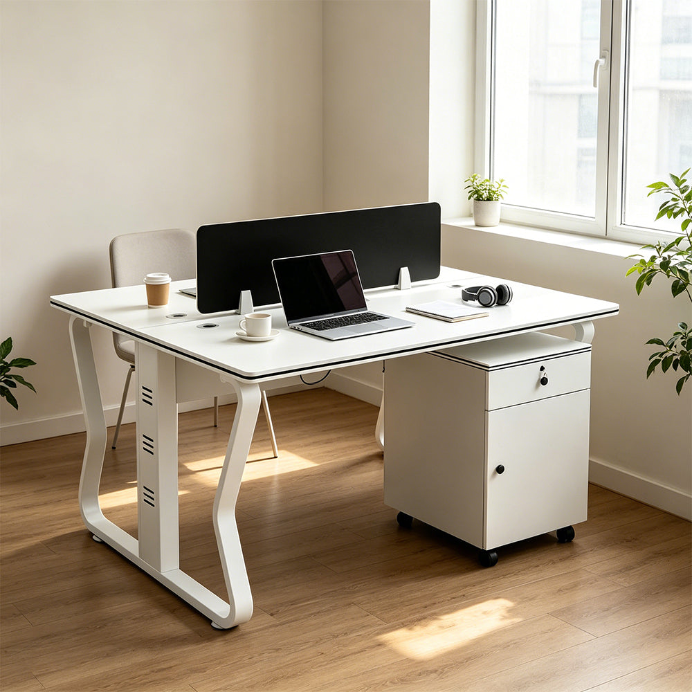 LIVARA Office Desk Set 120cm 2-Person Workstation with 2 Mobile Cabinets & Hidden Cable Management - White
