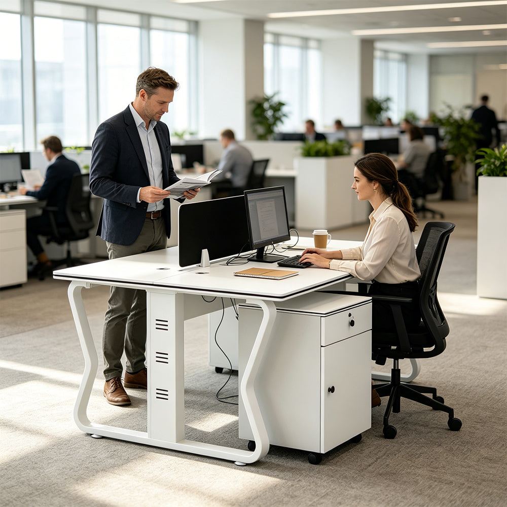 LIVARA Office Desk Set 120cm 2-Person Workstation with 2 Mobile Cabinets & Hidden Cable Management - White