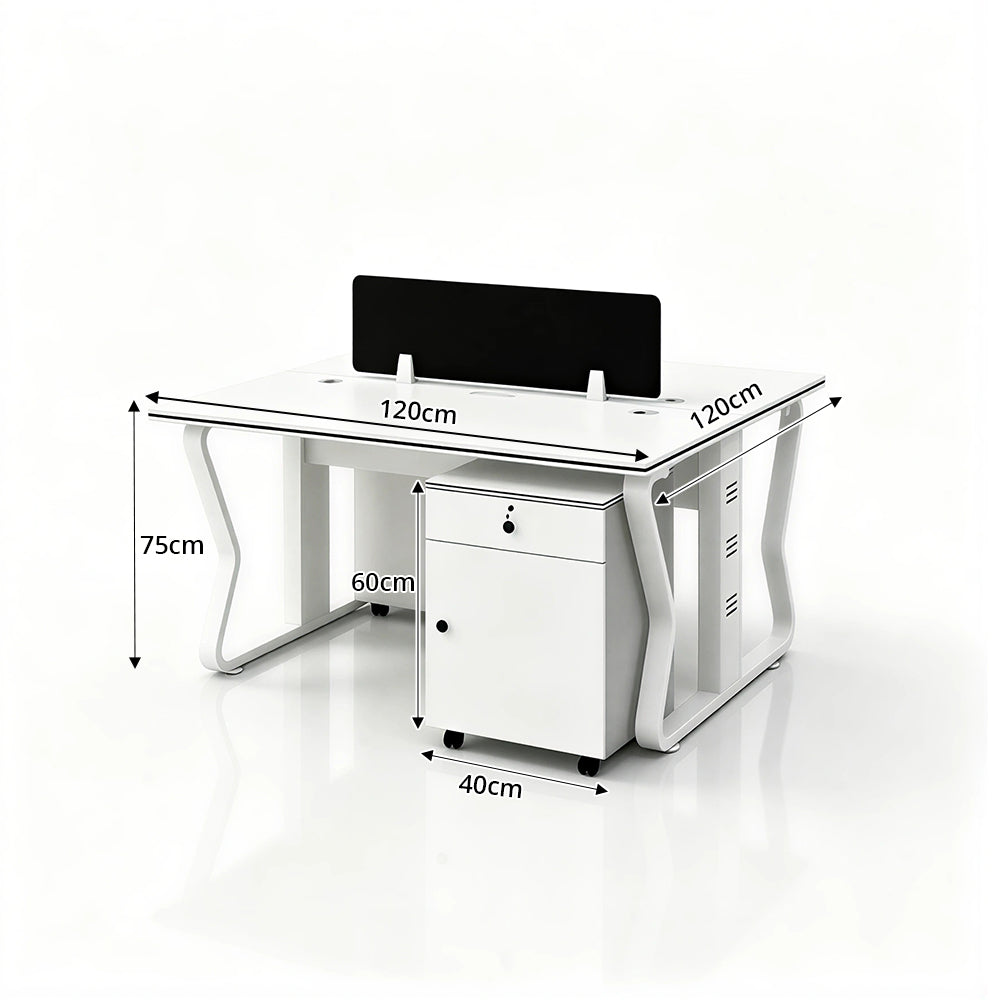 LIVARA Office Desk Set 120cm 2-Person Workstation with 2 Mobile Cabinets & Hidden Cable Management - White