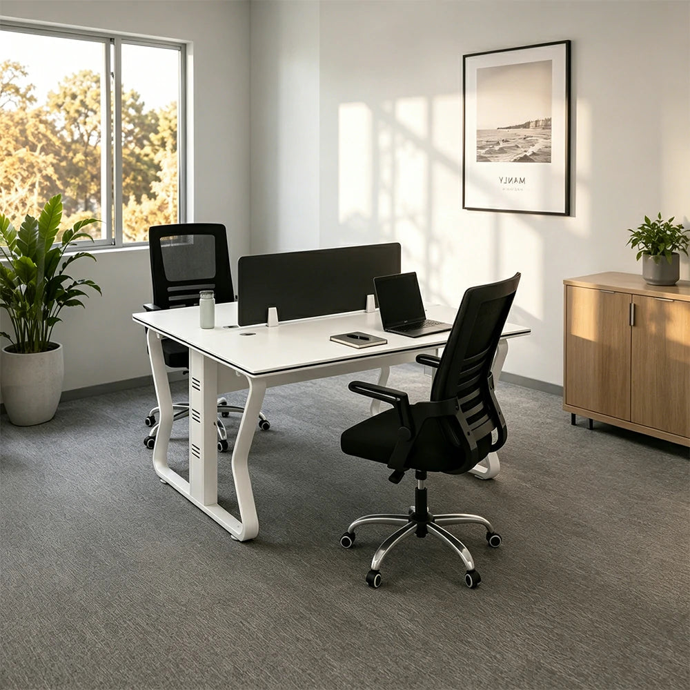 LIVARA Office Desk Set 120cm 2-Person Workstation with 2 Swivel Chairs & Hidden Cable Management - White