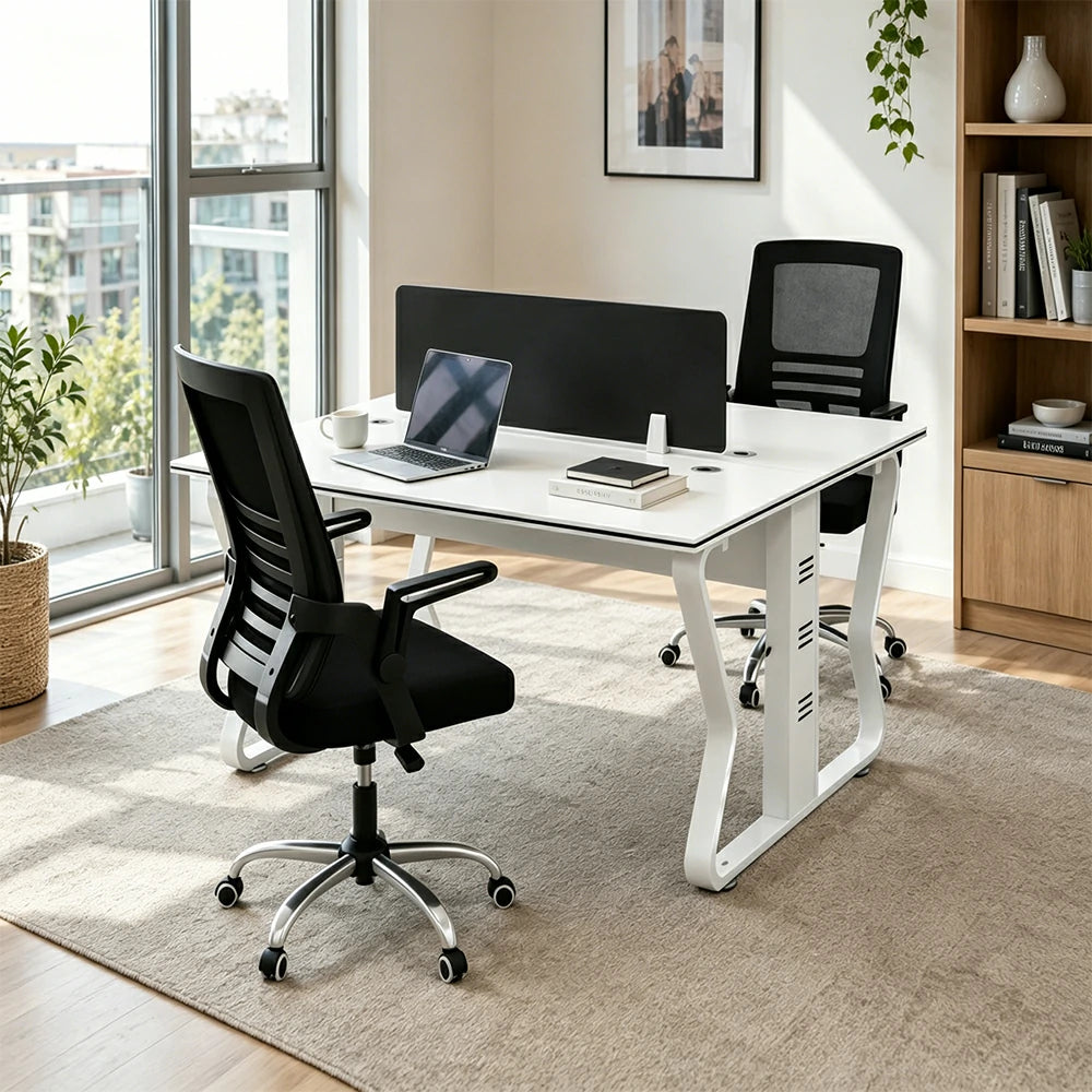 LIVARA Office Desk Set 120cm 2-Person Workstation with 2 Swivel Chairs & Hidden Cable Management - White