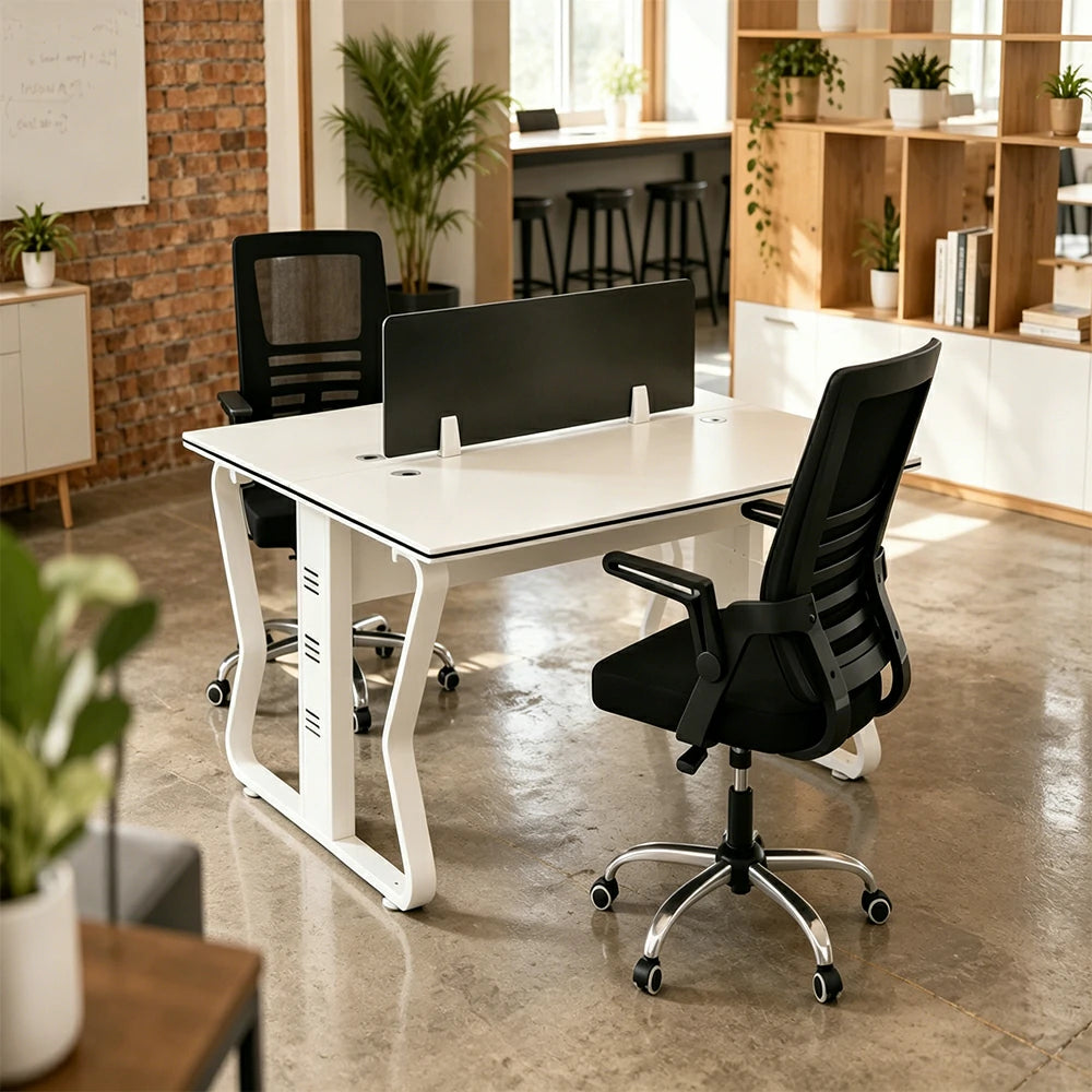 LIVARA Office Desk Set 120cm 2-Person Workstation with 2 Swivel Chairs & Hidden Cable Management - White