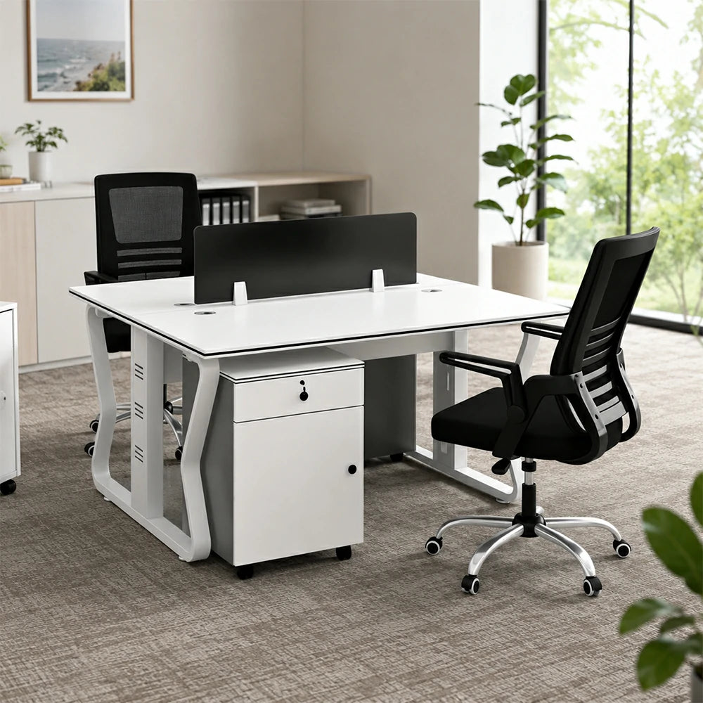 LIVARA Office Desk Set 120cm 2-Person Workstation with 2 Mobile Cabinets & 2 Swivel Chairs - White