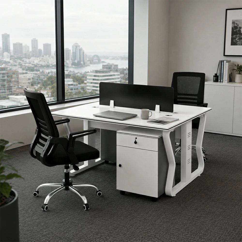LIVARA Office Desk Set 120cm 2-Person Workstation with 2 Mobile Cabinets & 2 Swivel Chairs - White